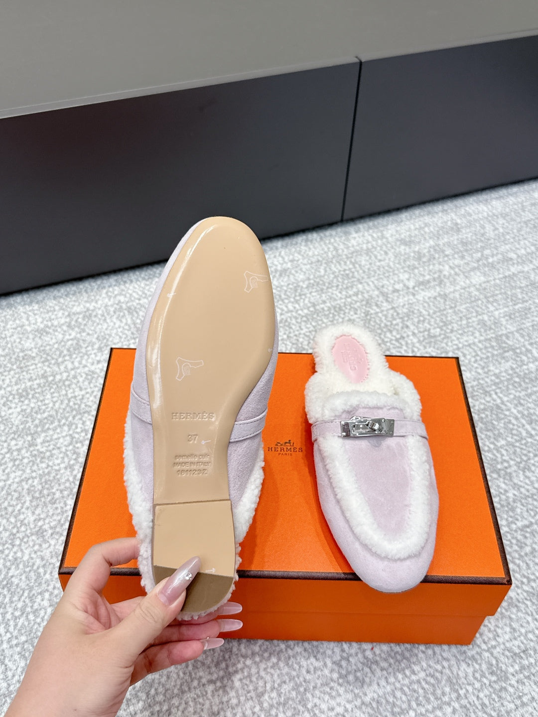 HM 25ss Oz Mule Light Rose Suede And Shearling 461938