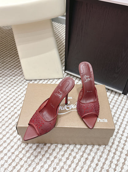 CL 26SS High-Heeled Slippers 100 Dark Red Mesh Rhinestone Leather 658051