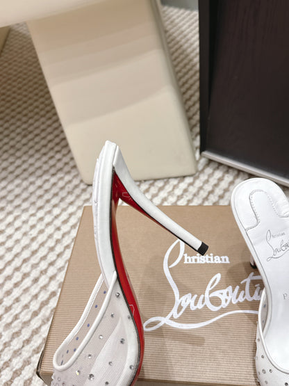 CL 26SS High-Heeled Slippers 100 White Mesh Rhinestone Leather 658052