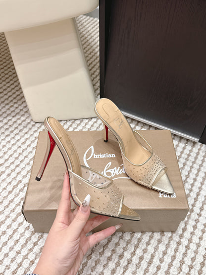 CL 26SS High-Heeled Slippers 100 Gold Champagne Mesh Rhinestone Leather 658053