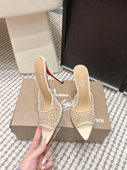 CL 26SS High-Heeled Slippers 100 Beige Mesh Rhinestone Leather 658055