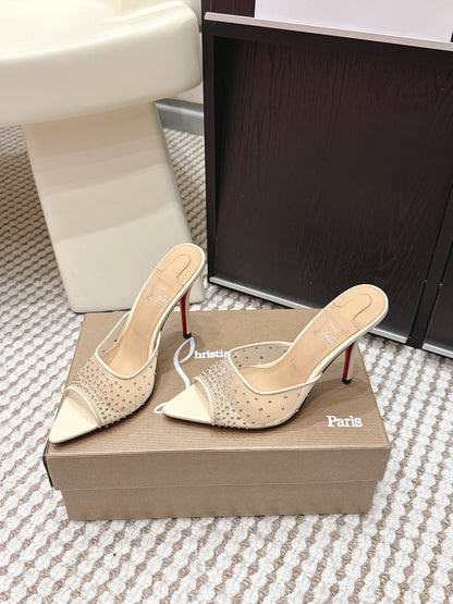 CL 26SS High-Heeled Slippers 100 Beige Mesh Rhinestone Leather 658055