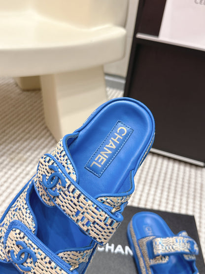 CC 26s Sandals Blue Beige Leather Raffia 632398