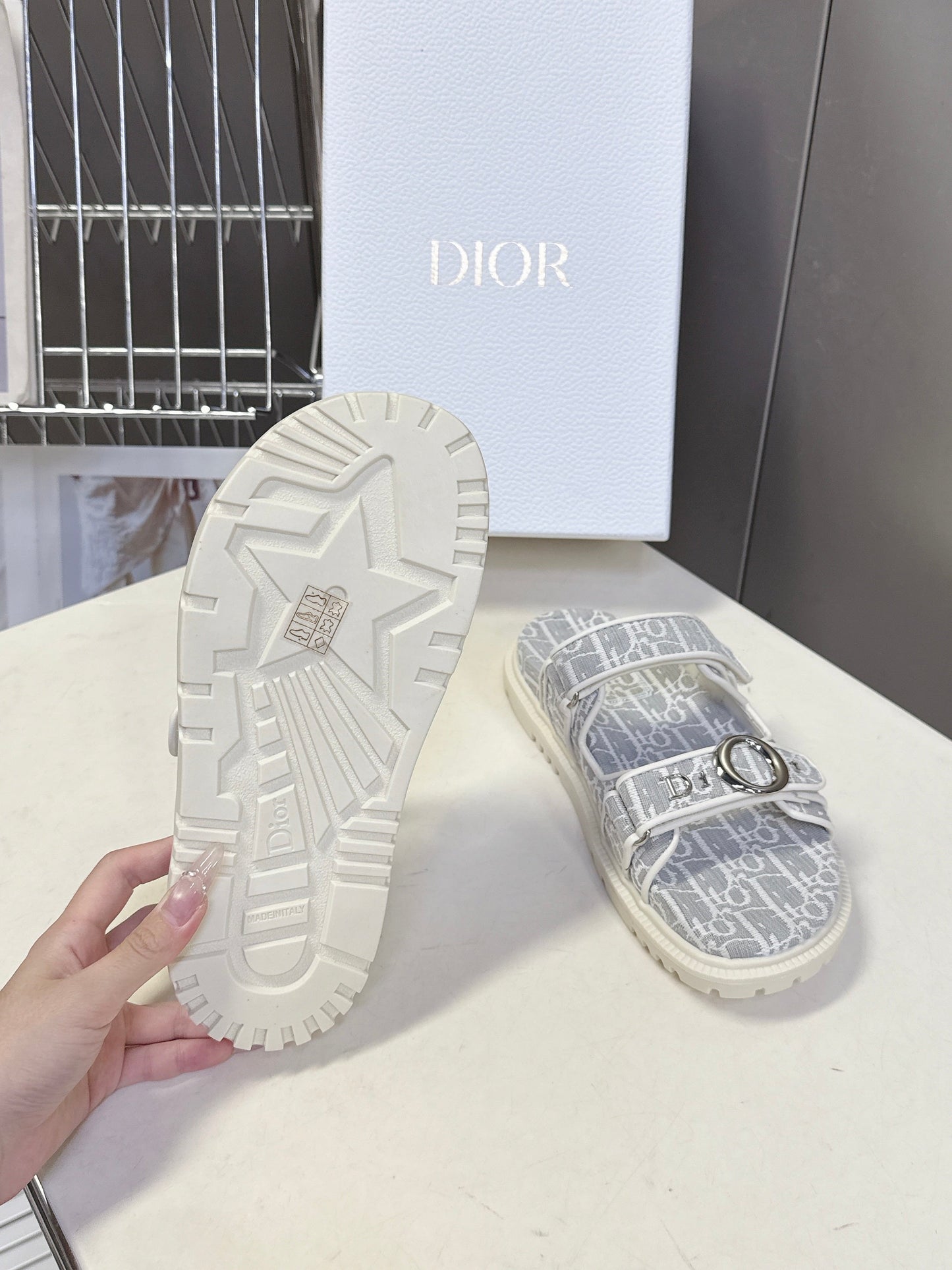 Dior 2026 Velcro Slip-on Sandal Grey White Fabric Leather 716904