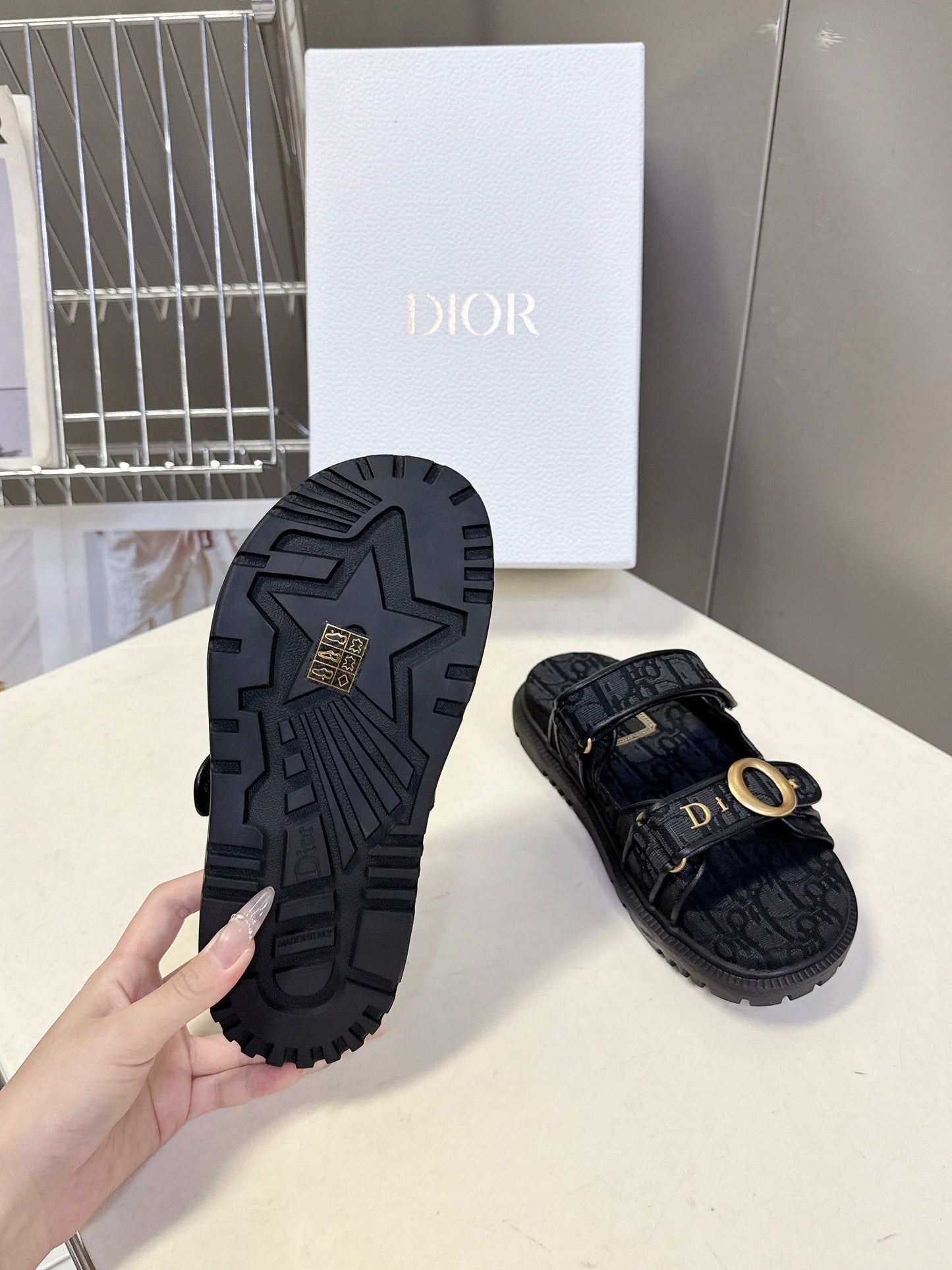 Dior 2026 Velcro Slip-on Sandal Black Fabric Leather 716905