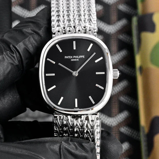 Patek Philippe Golden Ellipse 27mm Black Dial Steel Strap