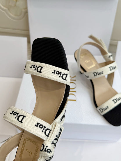 Dior 2026 Strappy High-heeled Sandal Black White Embroidered Cotton Leather 717870