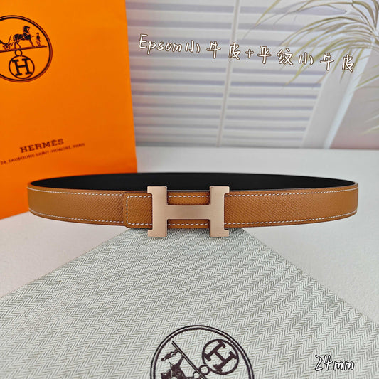 H Guillochee Buckle Belt 2.4cm Tan Espom 211243