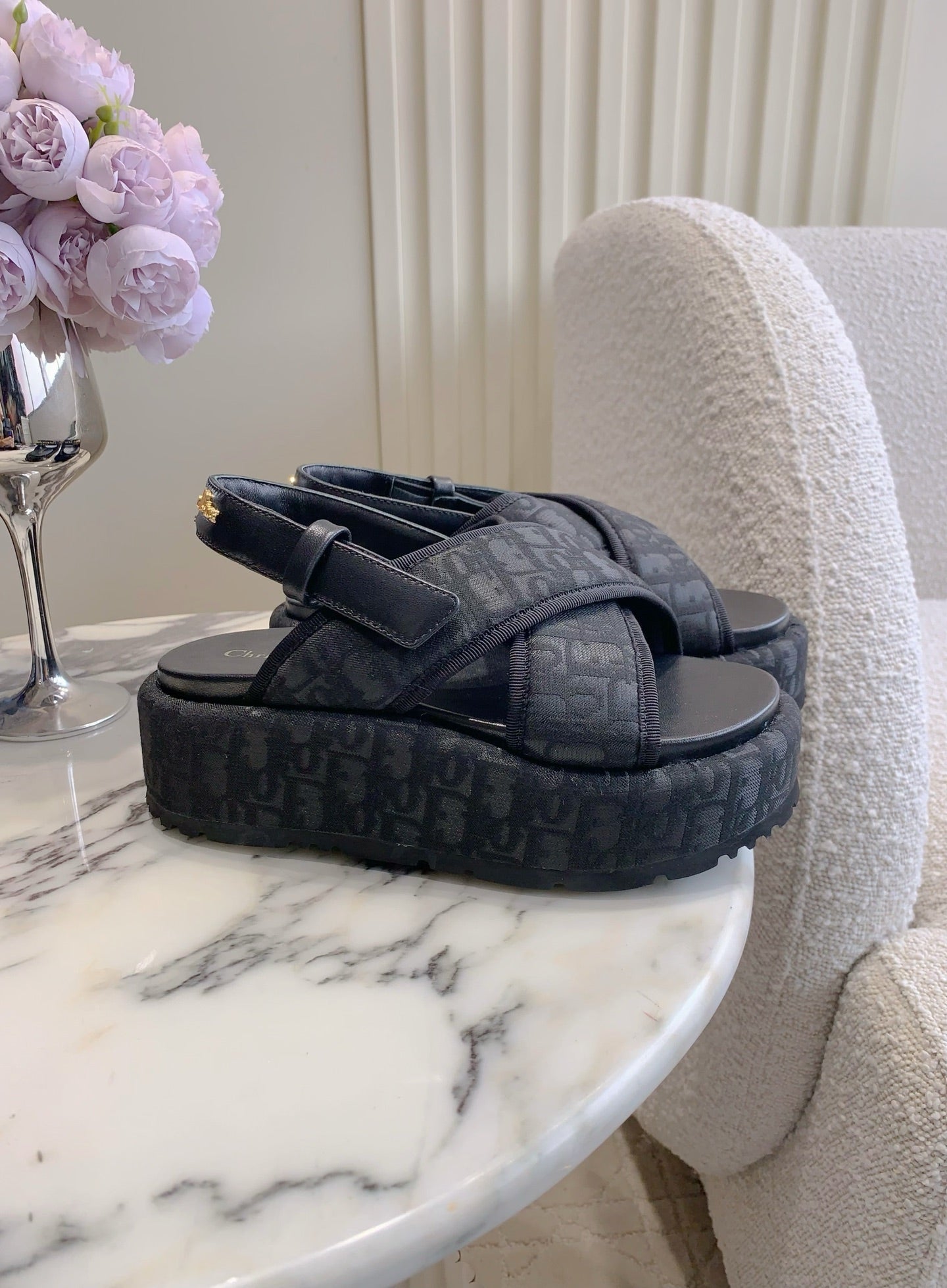CD 26s  Platform Sandals 65 Black Canvas Lambskin 644286