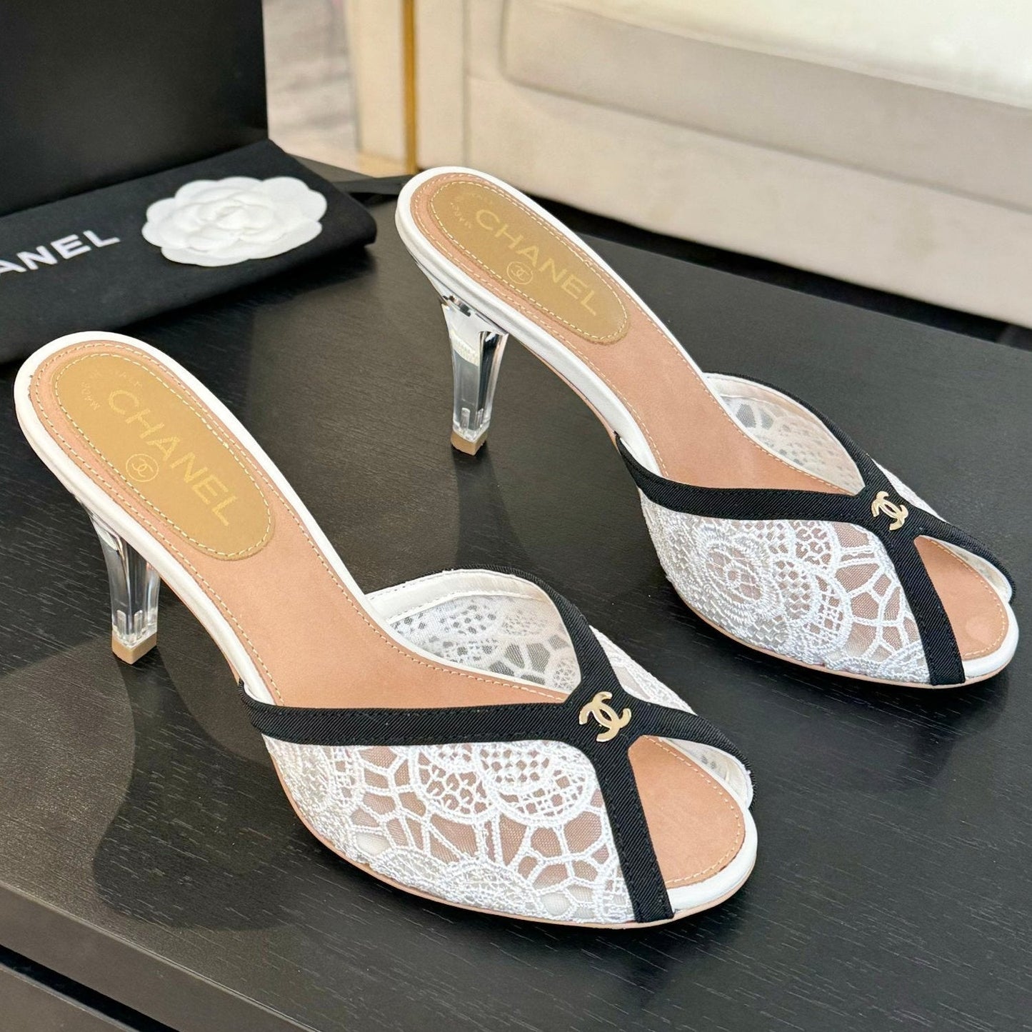 Chanel 2026 Mule 70mm White Black Lace Leather 700610