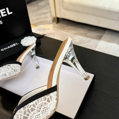 Chanel 2026 Mule 70mm White Black Lace Leather 700610