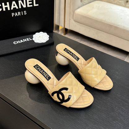 Chanel 2026 Double C Giant Pearl Heel Quilted Sandal 7cm Sheepskin 672903