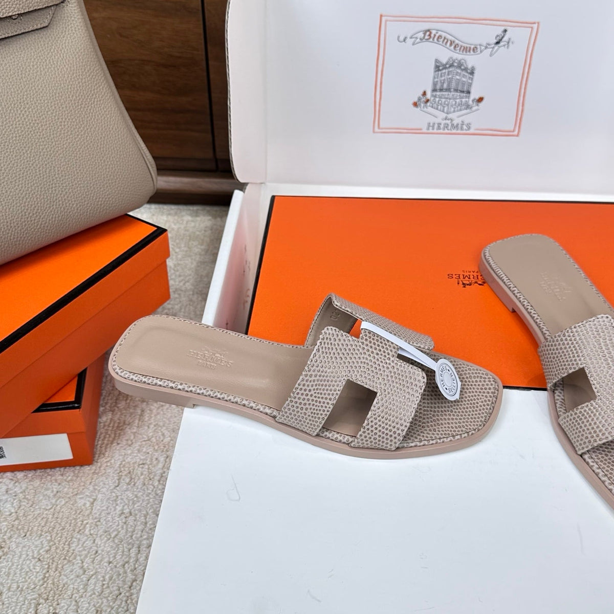 HM Oran Sandal Light Taupe Embossed Lizard Leather 802376