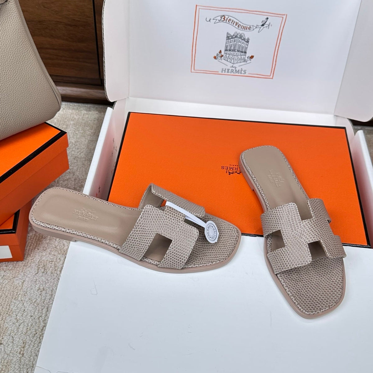 HM Oran Sandal Light Taupe Embossed Lizard Leather 802376