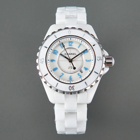 J12 Date Quartz White Ceramic Blue Numerals White Dial
