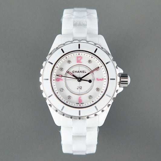 J12 Quartz White Ceramic Pink Diamond Numerals White Dial