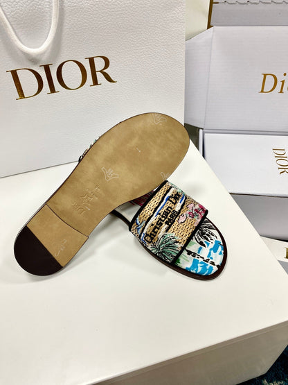 CD 26s Embroidered Sandals Blue Multicolor Canvas Leather 683006