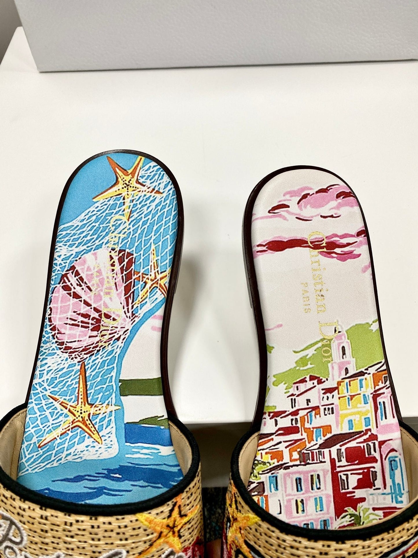 CD 26s Embroidered Sandals Blue Beige Multicolor Canvas Leather 683007