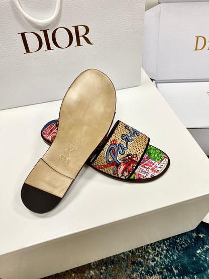 CD 26s Embroidered Sandals Beige Multicolor Canvas Leather 683009