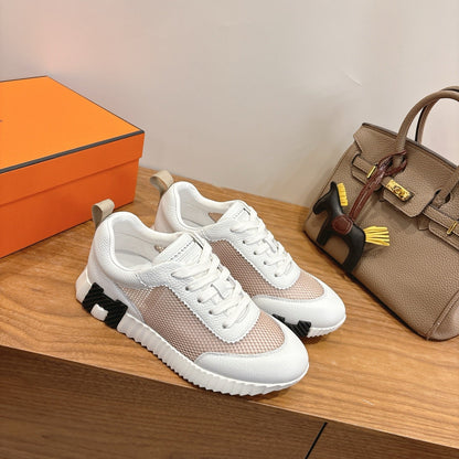 HM 26ss Sneakers White Beige Cowhide  Fabric 638565