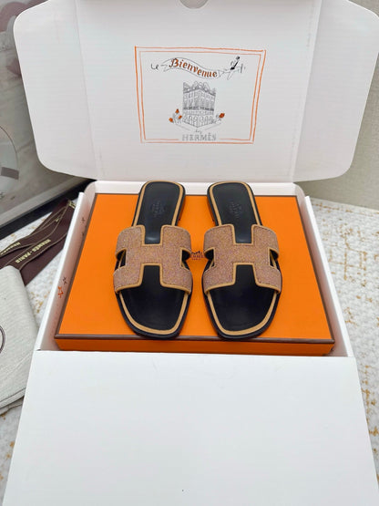 HM 26ss Oran Sandals Rose Bronze Rhinestone Cowhide 625264