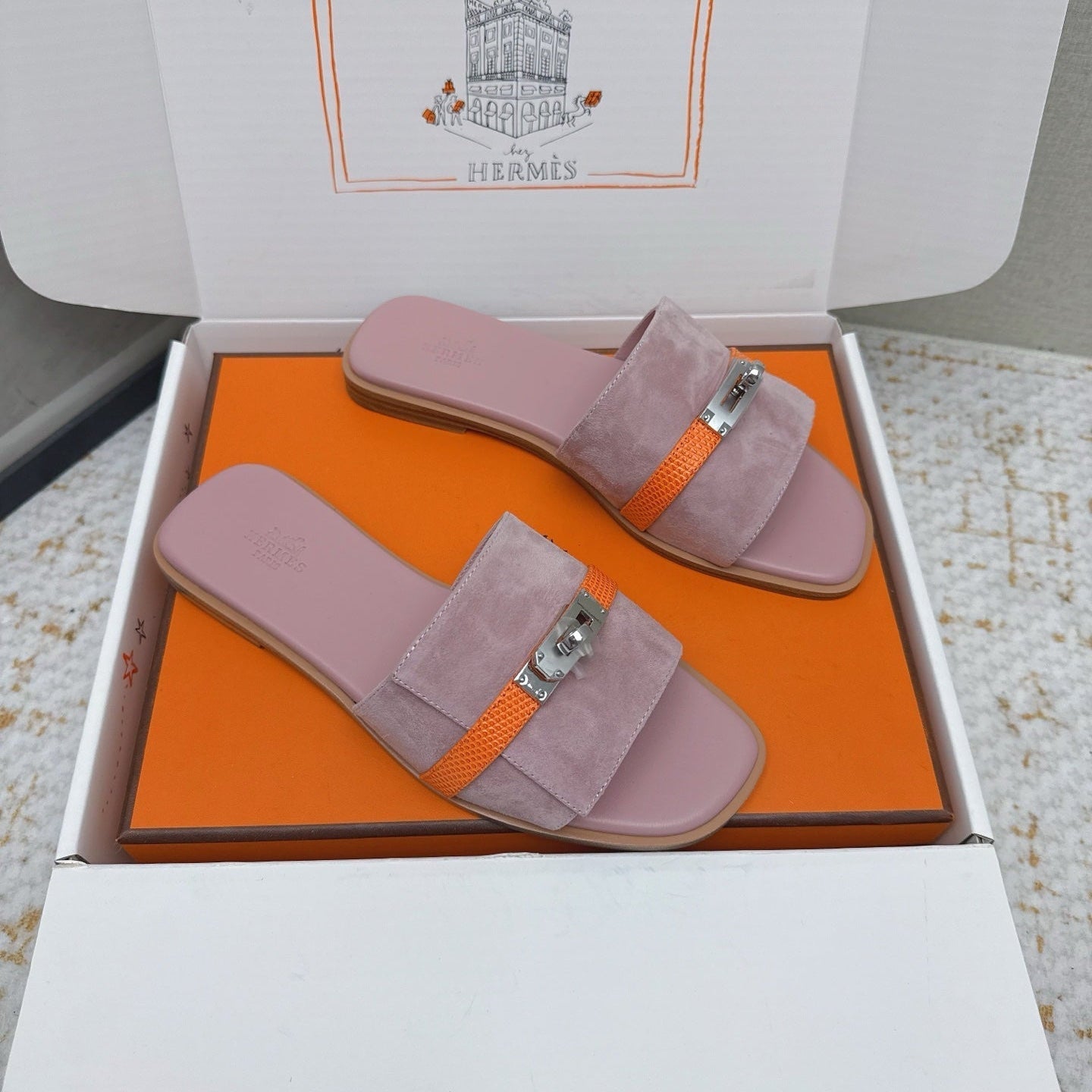HM 26ss Oasis Sandals Rose Nude Orange Suede Cowhide 625179