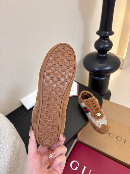 GG 26 Casual Sneakers Brown Cowhide Suede Rhinestones 627230