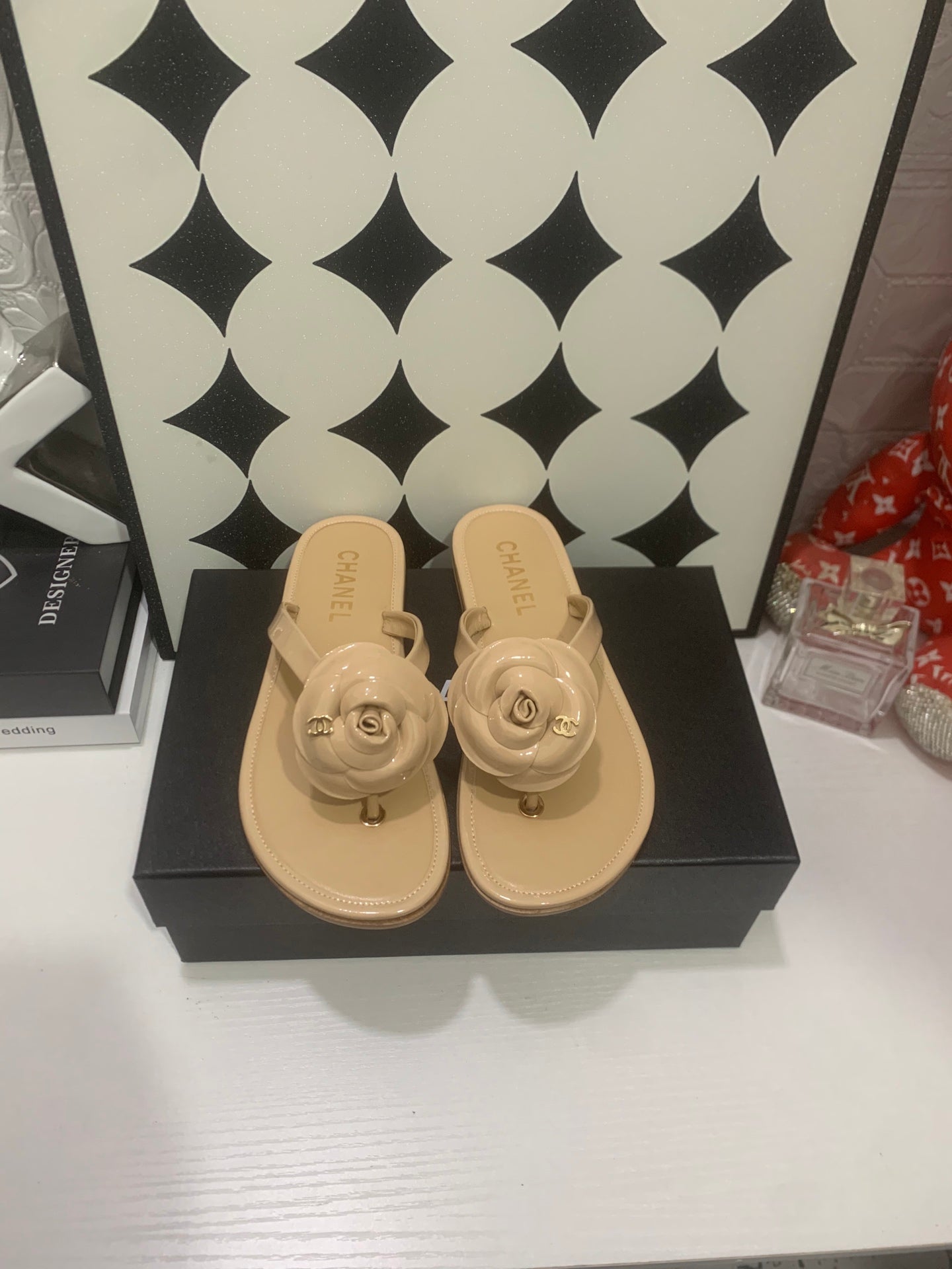 Chanel 2026 Camellia Flip-Flops Patent Calfskin 802344