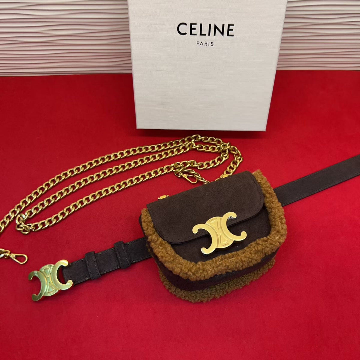 Celine Triomphe Mini Waist Bag Coffee Suede Shearing 202748