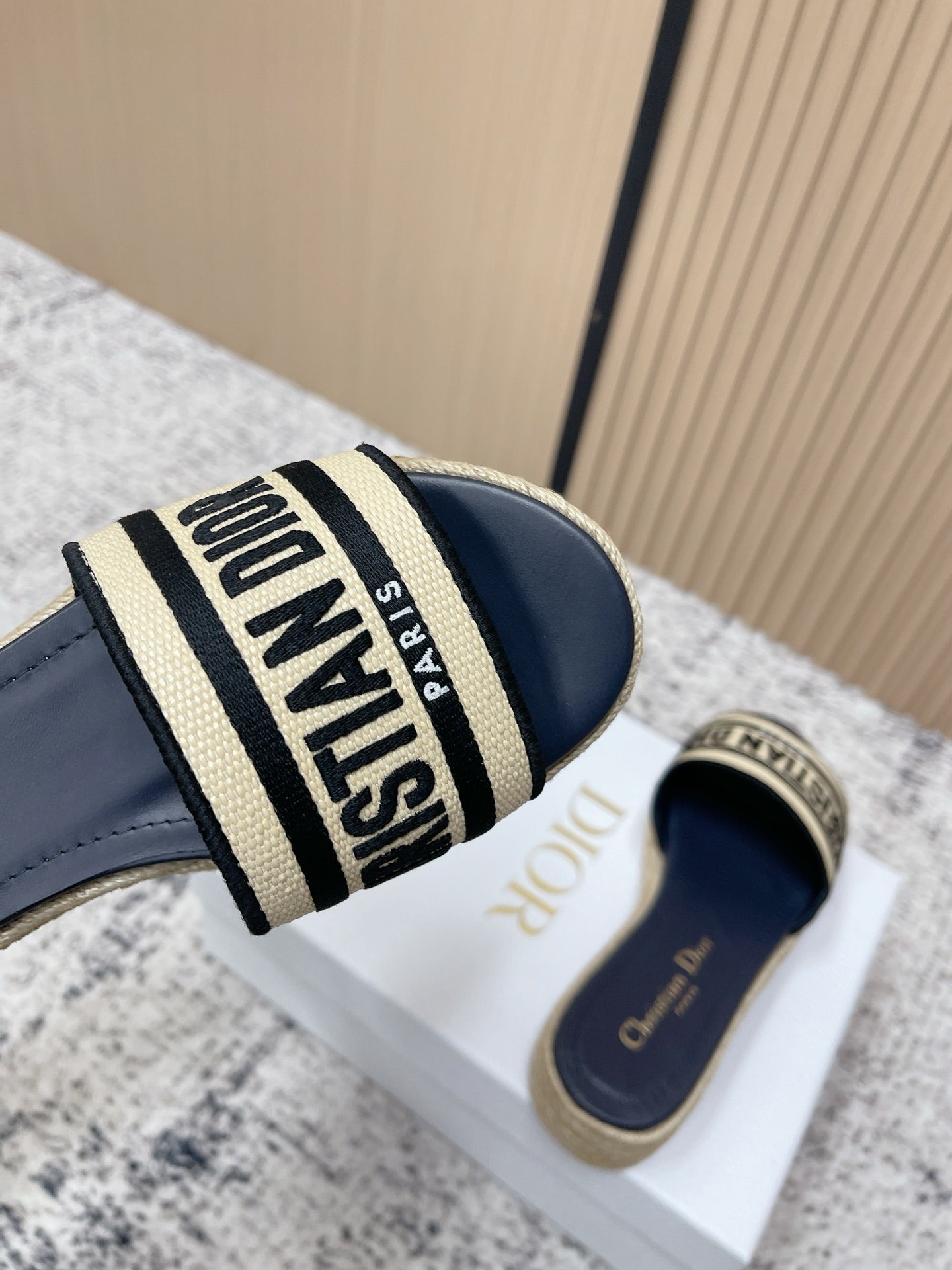 CD 26s Platform Embroidered Sandals Beige Navy Blue Canvas Leather 643501
