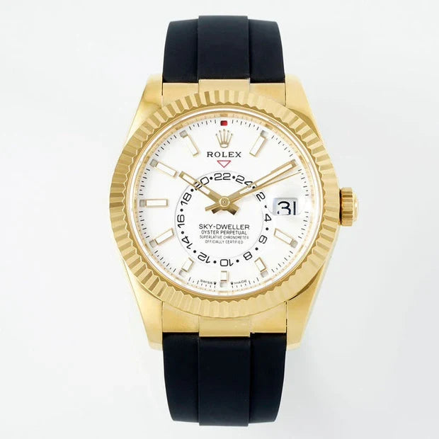 Rolex Sky-Dweller 42mm Gold Case White Dial Rubber Strap