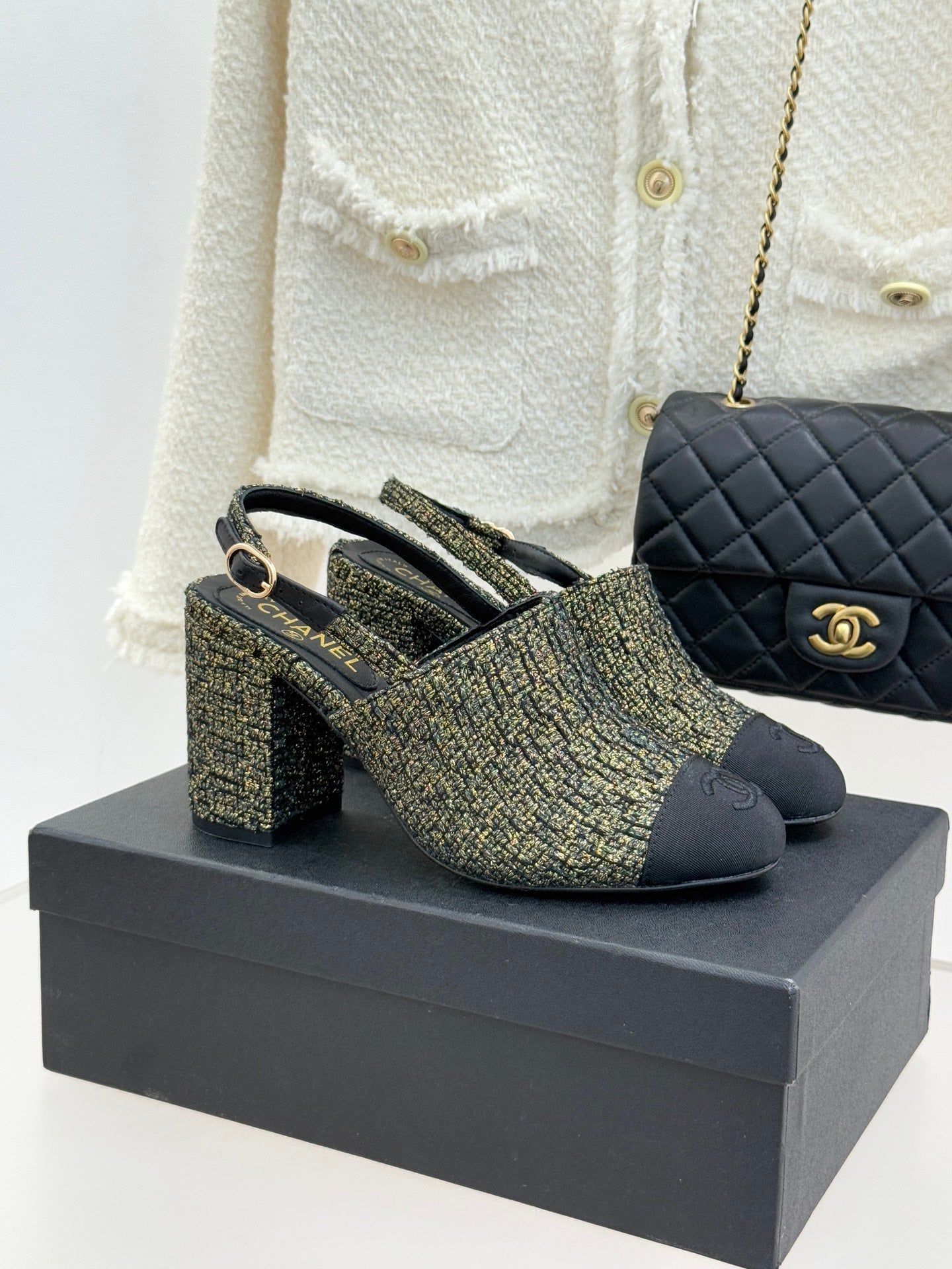CC 26 Slingback Gold mix Black Tweed Grosgrain 609989