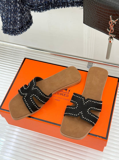 HM 26ss Flat Slippers Brown Black Suede 642827