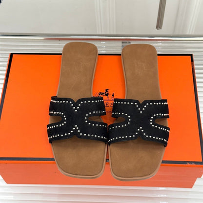 HM 26ss Flat Slippers Brown Black Suede 642827