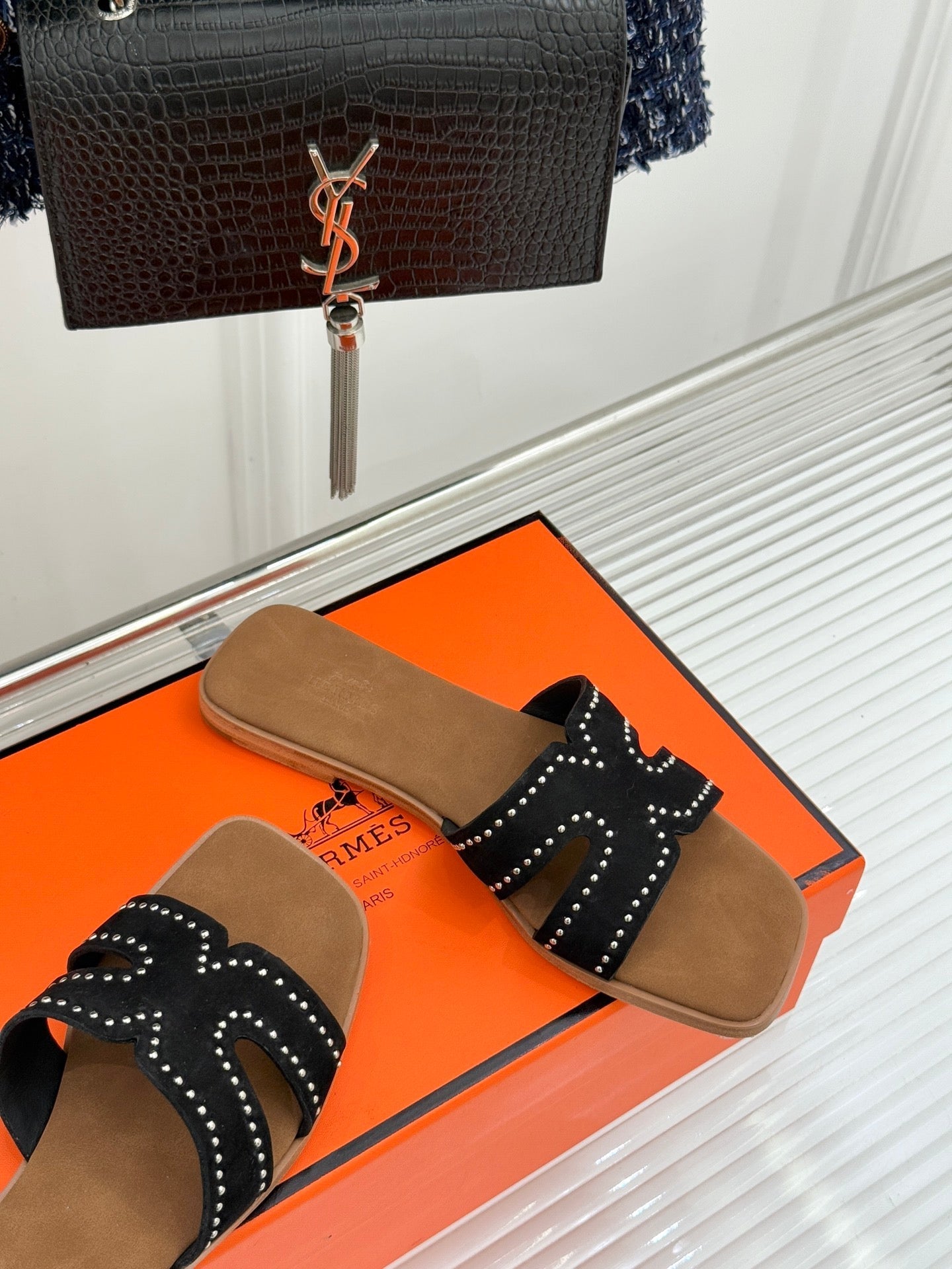 HM 26ss Flat Slippers Brown Black Suede 642827