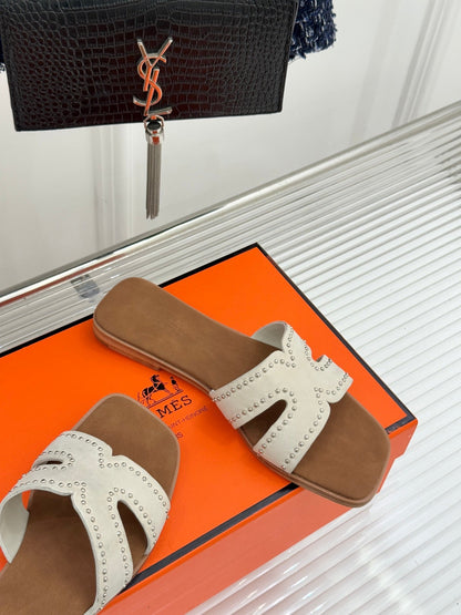 HM 26ss Flat Slippers Brown White Suede 642828