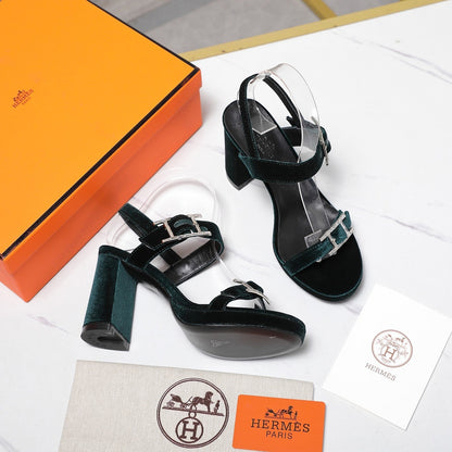 HM 26ss Platform High-Heeled Sandals Forest Green Velvet Sheepskin 601222