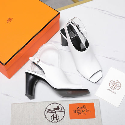 HM 26ss Peep-Toe Sandals 80 White Black Cowhide 601238