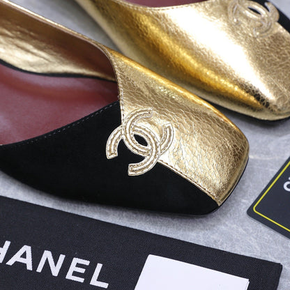 Chanel 2026 Slingback Black Gold Suede Leather 758405