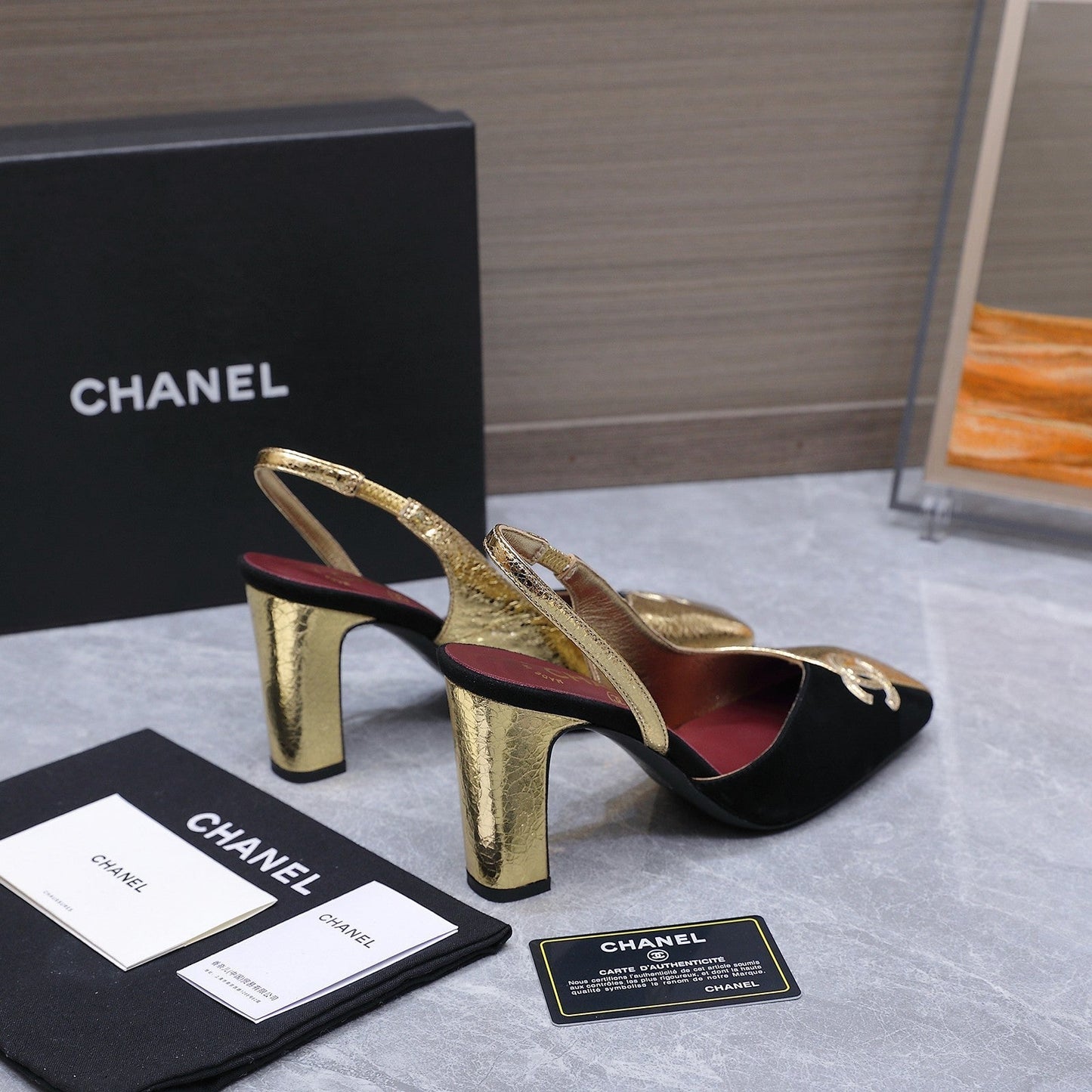 Chanel 2026 High-Heeled Slingback 60mm Black Gold Suede Leather 758409
