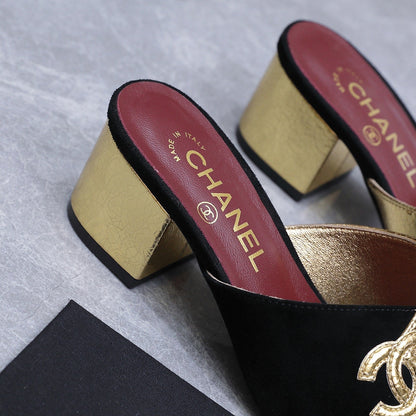 Chanel 2026 High-Heeled Sandals Black Gold Suede Leather 758417