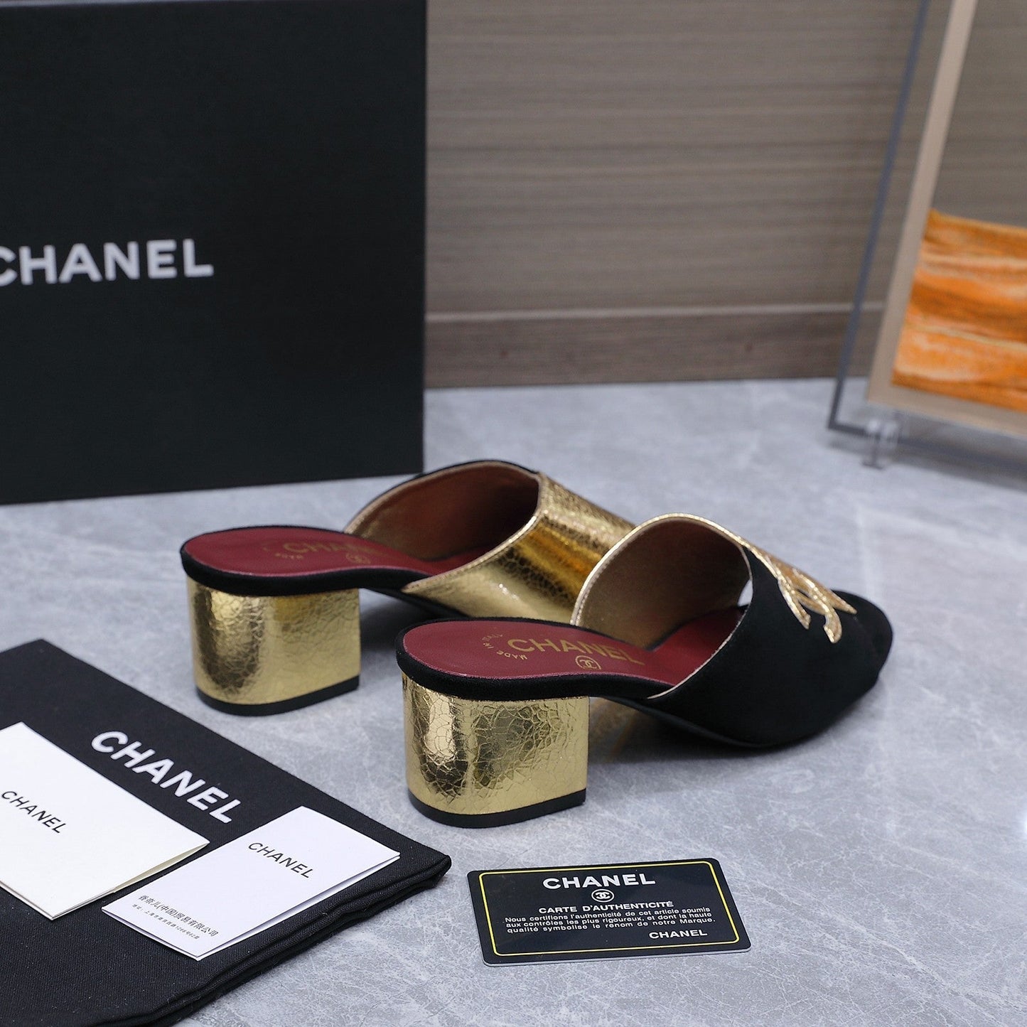Chanel 2026 High-Heeled Sandals Black Gold Suede Leather 758417