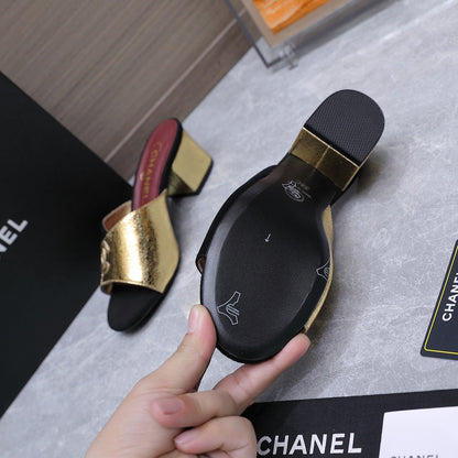 Chanel 2026 High-Heeled Sandals Black Gold Suede Leather 758417