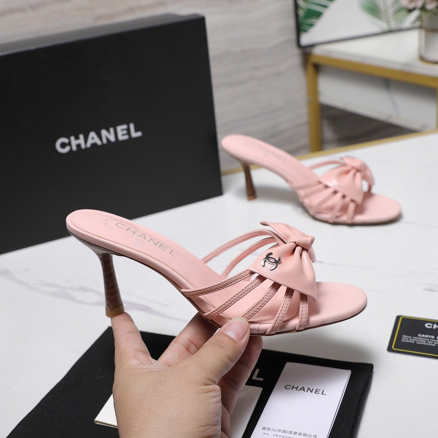 Chanel 2026 High-heeled Sandals With Delicate Bow 80mm Pink Cowhide 758429