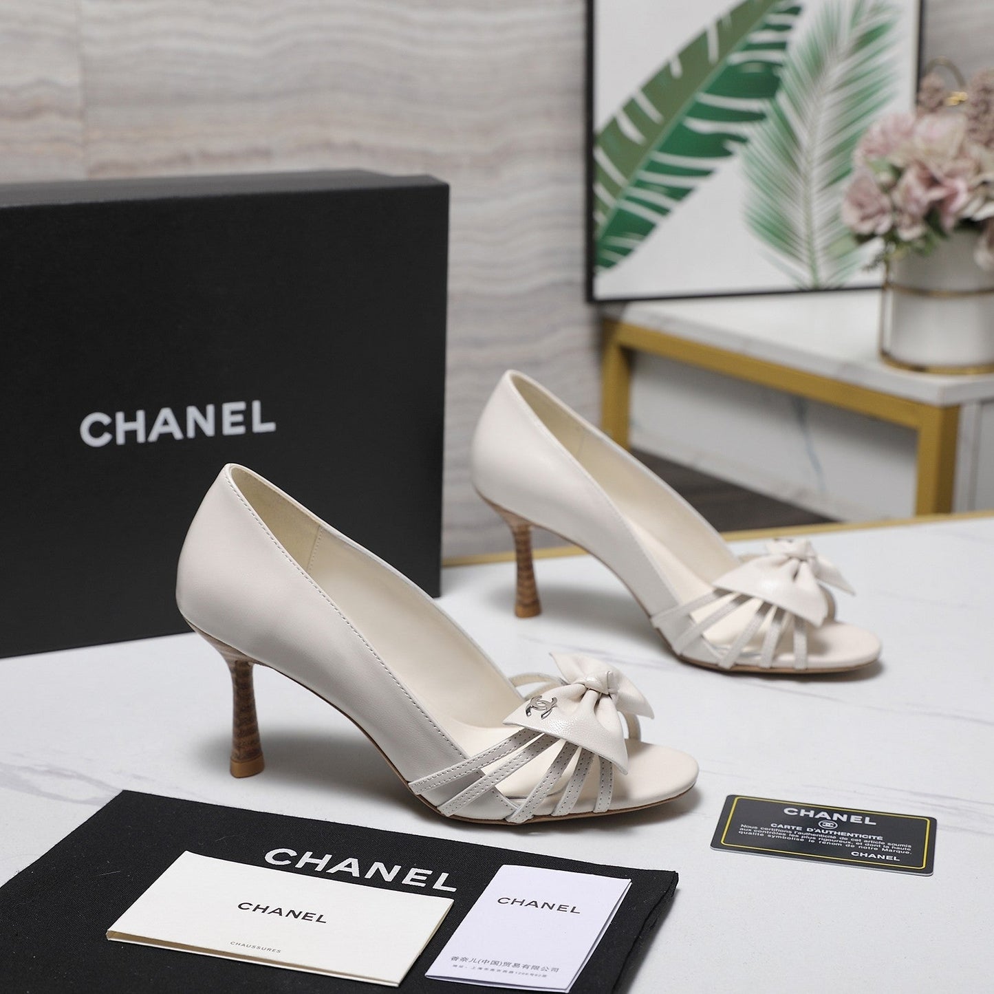 Chanel 2026 Bow Strappy High-Heeled Peep Toe Sandals White Cowhide 758431