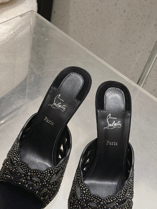 CL 26SS High-Heeled Slippers 100 Black Suede Sheepskin 636694