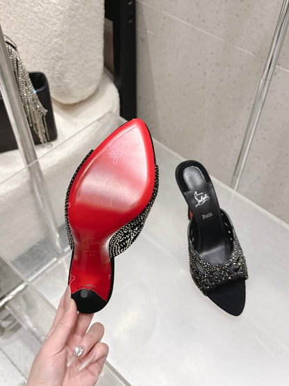 CL 26SS High-Heeled Slippers 100 Black Suede Sheepskin 636694