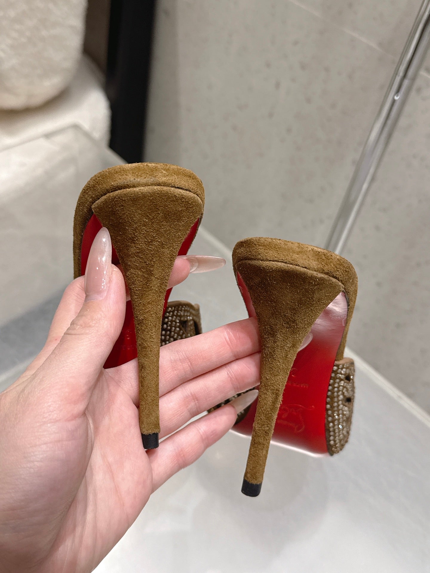 CL 26SS High-Heeled Slippers 100 Camel Brown Suede Sheepskin 636695