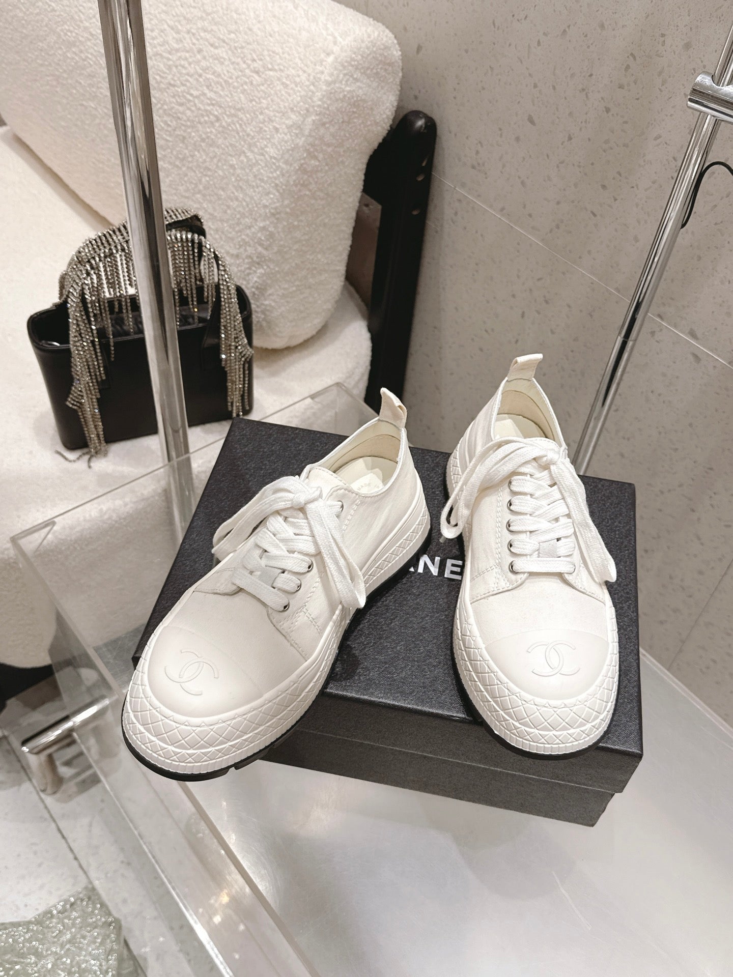 Chanel 2026 Panda Sneakers White Denim Leather 762921