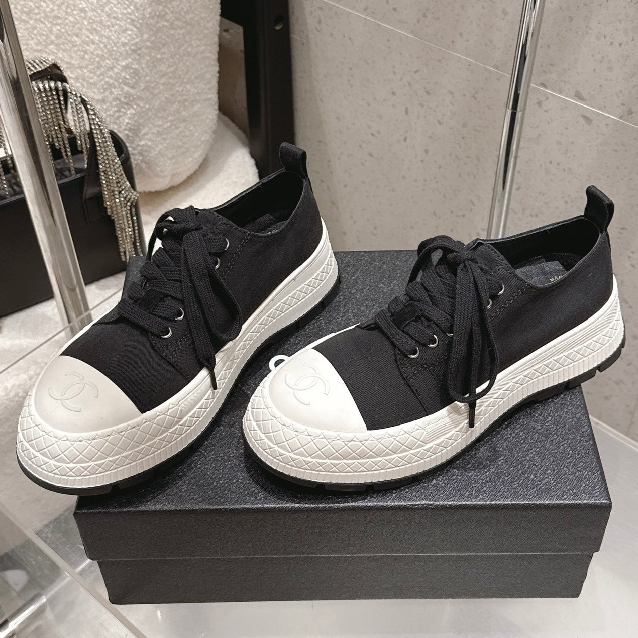 Chanel 2026 Panda Sneakers Black White Denim Leather 762922